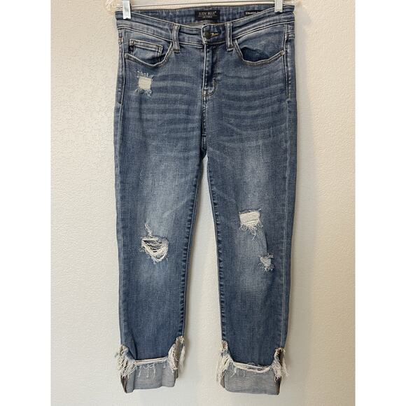 Judy Blue Straight Fit Cuffed Distressed Cropped Jeans Medium Wash Size 7/28 - Picture 1 of 10